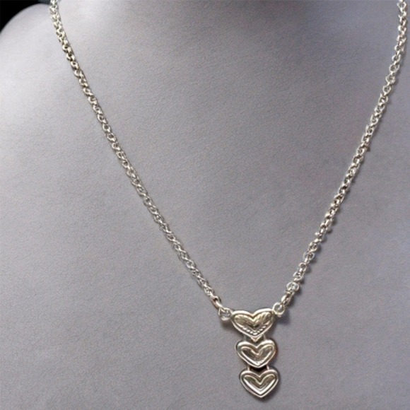 Brighton Jewelry - Brighton Triple Heart Pendant Necklace Silver‎ Tone Etched Link Chain Adjustable